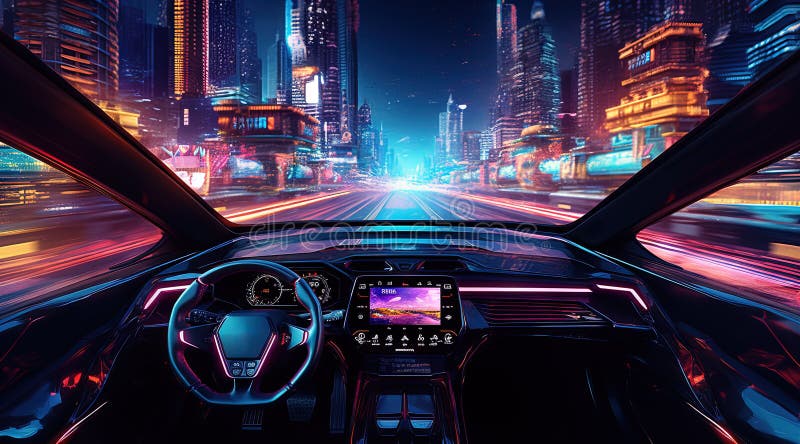 Furutistic car dashboard in the neon city. Synthwave or cyberpunk automobile control panel. stock photos