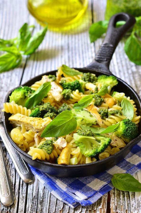 Fusilli with Chicken,broccoli and Basil Pesto. Stock Photo Image of
