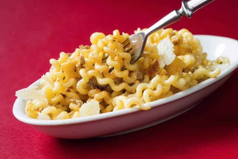 Fusilli Col Buco, Curled Pasta with Minced Meat and Parmesan Stock