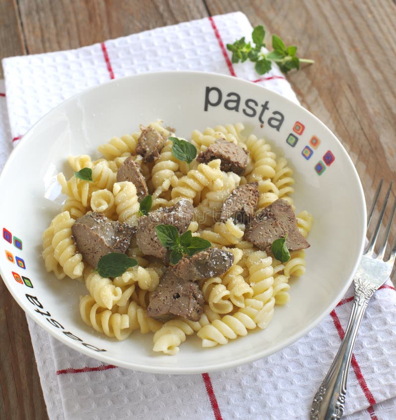 Fusilli Pasta with Chicken Liver, Oregano and Parmesan Cheese Stock Image Image of leaf
