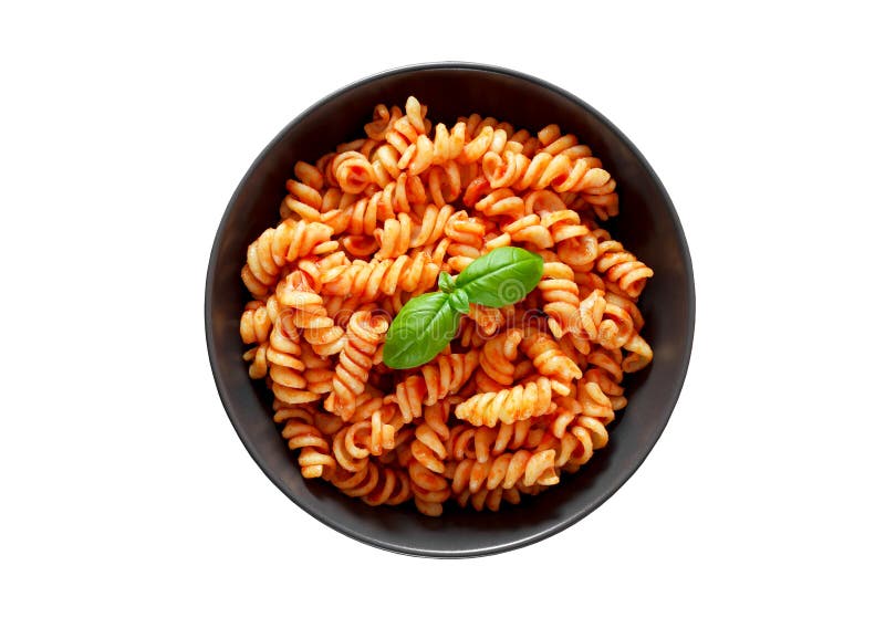 Fusilli Pasta Cooked with Tomatoes Sauce and Basil Isolated on White