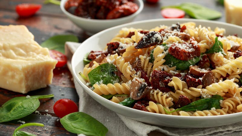 Fusilli Pasta with sun dried tomatoes, mushrooms, parmesan cheese and spinach. healthy food.