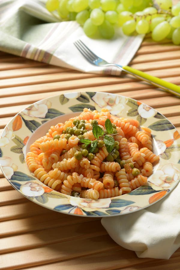 Fusilli Pasta with Tomato Sauce and Peas Stock Photo Image of cuisine