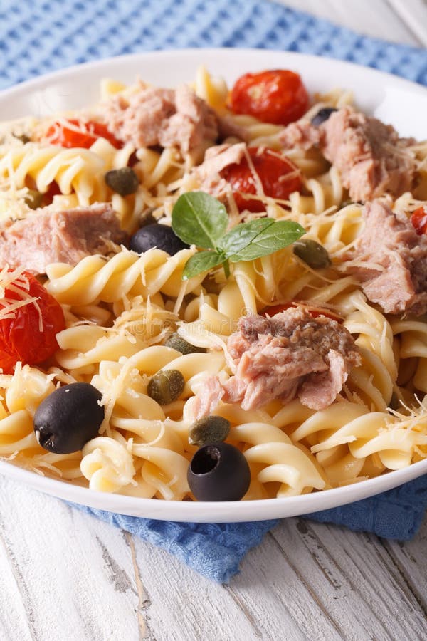 Fusilli Pasta with Tuna, Parmesan and Tomatoes in a Bowl Close U Stock