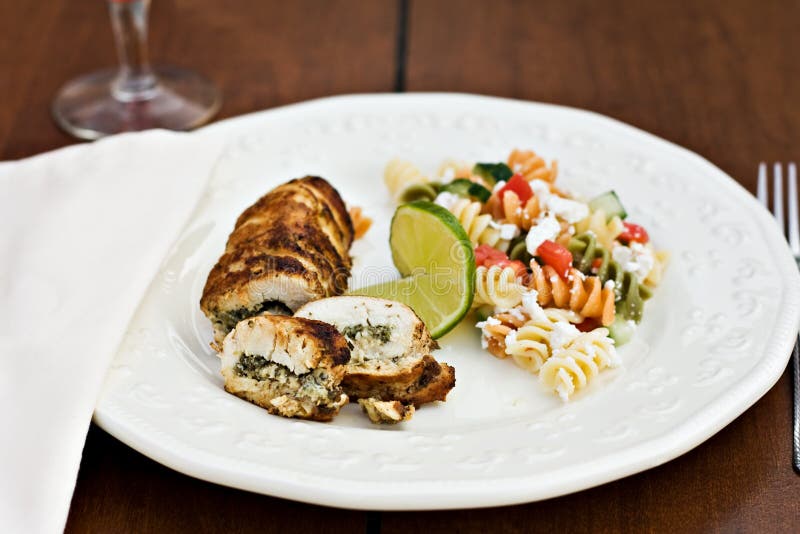 Fusilli salad served with chicken roulade