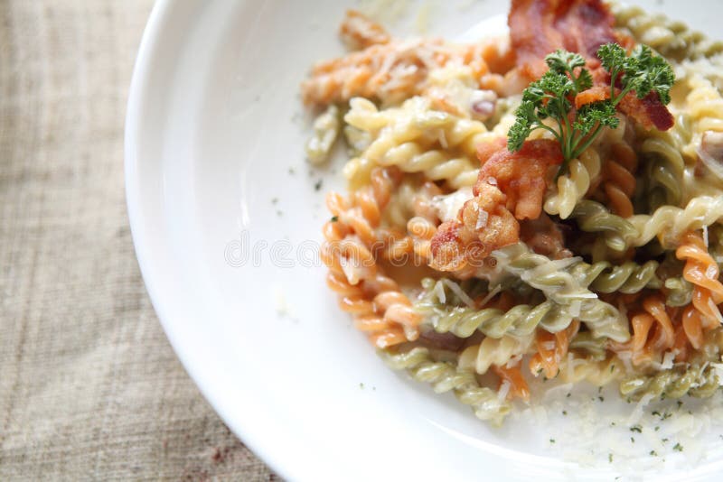 Fusilli Spaghetti Carbonara Stock Photo Image of bolognese, basil