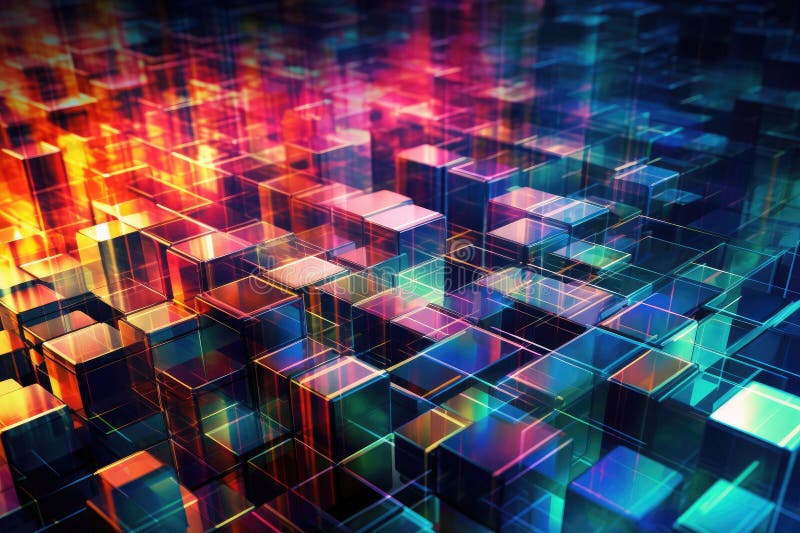 Fusion of geometric shapes, metallic surfaces, and illuminated lines. Generative AI stock illustration