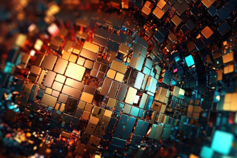 Fusion of geometric shapes, metallic surfaces, and illuminated lines. Generative AI royalty free illustration