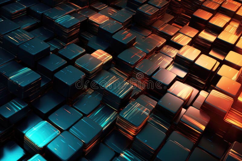 Fusion of geometric shapes, metallic surfaces, and illuminated lines. Generative AI stock illustration