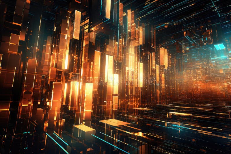 Fusion of geometric shapes, metallic surfaces, and illuminated lines. Generative AI royalty free illustration