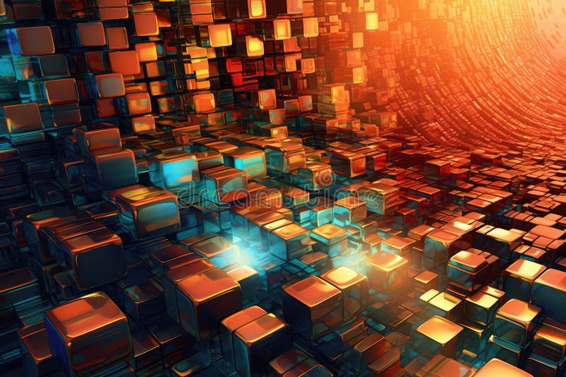 Fusion of geometric shapes, metallic surfaces, and illuminated lines. Generative AI royalty free illustration