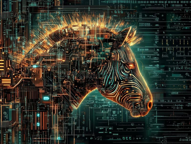 Fusion of nature and technology creates a futuristic image of zebra. Combination of past and future, nature and new technologies vector illustration