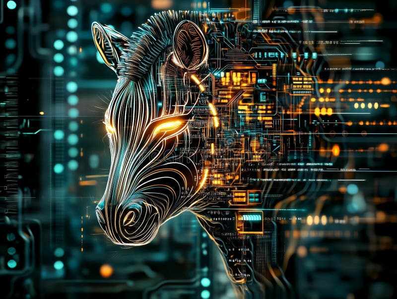 Fusion of nature and technology creates a futuristic image of zebra. Combination of past and future, nature and new technologies vector illustration