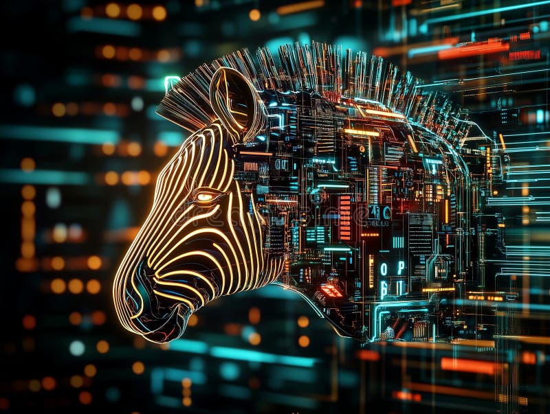 Fusion of nature and technology creates a futuristic image of zebra. Combination of past and future, nature and new technologies stock illustration