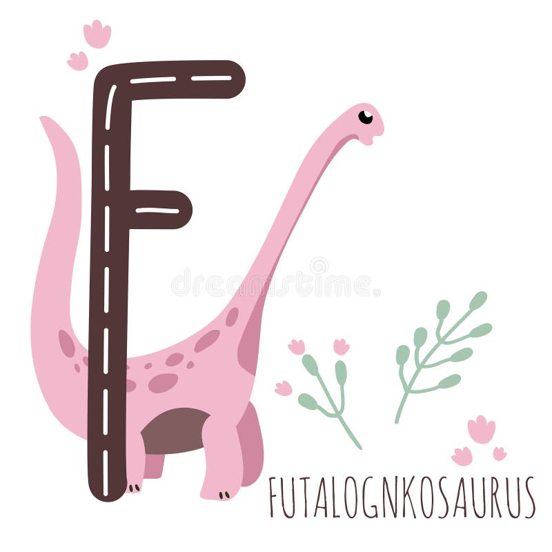 Futalognkosaurus. Letter F with reptile name. Hand drawn cute herbivores dinosaur. Educational prehistoric illustration. Dino alphabet stock illustration
