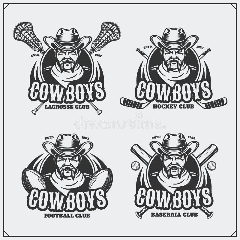 Futbol, baseball, lacrosse, hokej etykietki i logowie, i Sporta klubu emblematy z Viking royalty ilustracja Futbol, baseball, lacrosse, hokej etykietki i logowie, i Sporta klubu emblematy z Viking royalty ilustracja
