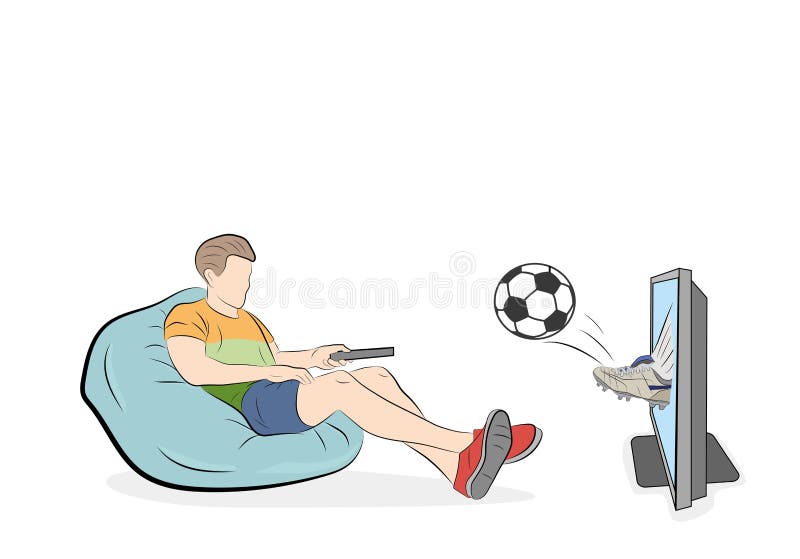 Futebol de observação do homem uma bola de futebol deixa de funcionar para fora sua tela da tevê Ilustração do vetor ilustração royalty free Futebol de observação do homem uma bola de futebol deixa de funcionar para fora sua tela da tevê Ilustração do vetor ilustração royalty free