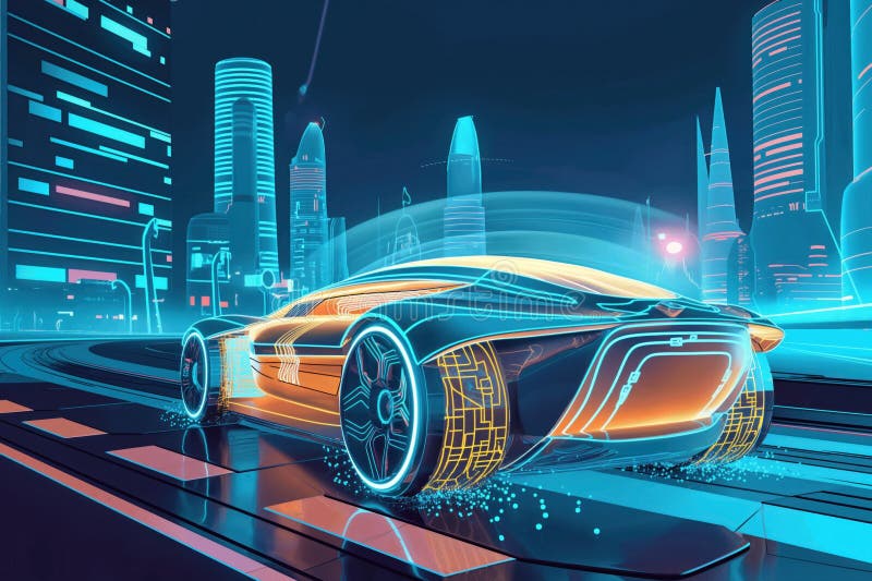 Future autonomous vehicle with advanced software technology, artificial intelligence. Robo car features generative, semiconductor technology, smart safety features. Electric hybrid. AI generated
