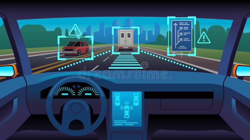 Future autonomous vehicle. Driverless car interior futuristic autonomous autopilot sensor system gps road, cartoon vector illustration