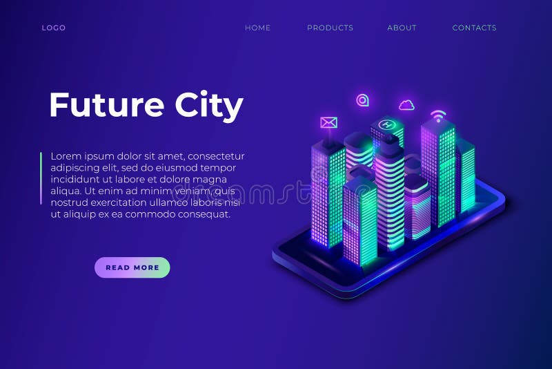 Future City high technology city website page concept with isometric downtown.