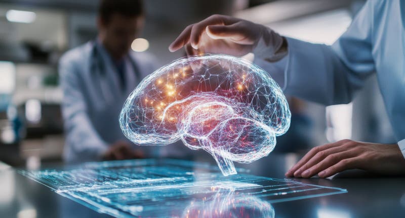 Future doctors explore advanced medical technology during internship training. Generative AI royalty free stock photography