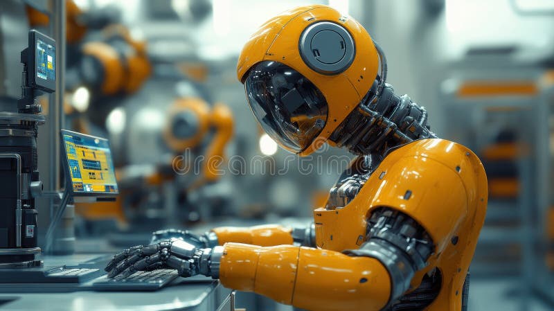 Future factory with advanced industrial and collaborative robots performing sophisticated tasks royalty free stock image