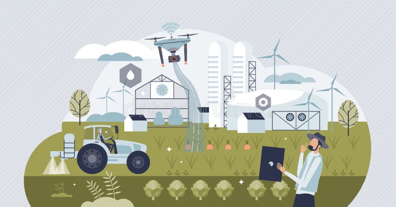 Future farm with autonomous robot agriculture monitoring tiny person concept stock illustration