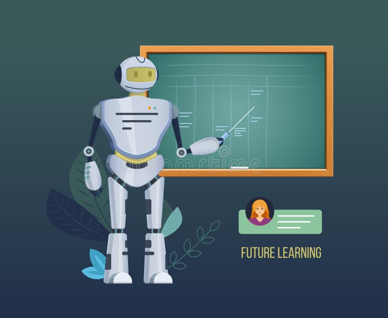 Future learning. Electronic robot near school blackboard, explains materials, conducts lectures, seminar. stock illustration