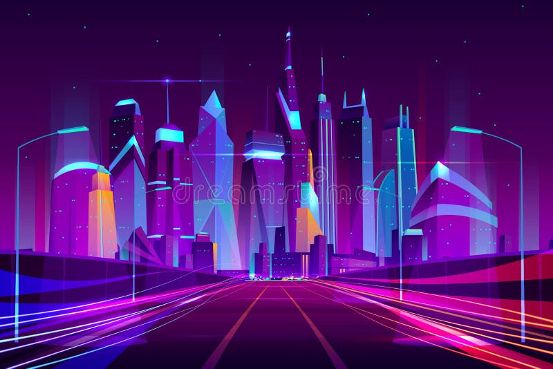 Future metropolis highway neon cartoon vector