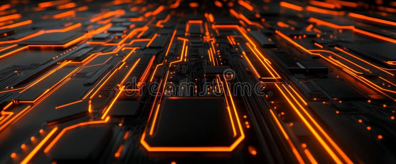 Future printed circuit board server code processing. Orange, black technology background with bokeh. 3D render. vector illustration