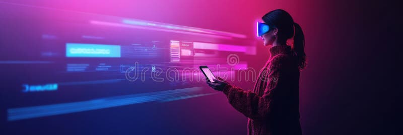 Future of shopping with voice assistant a woman uses holographic display to make online purchase using smart phone stock photography