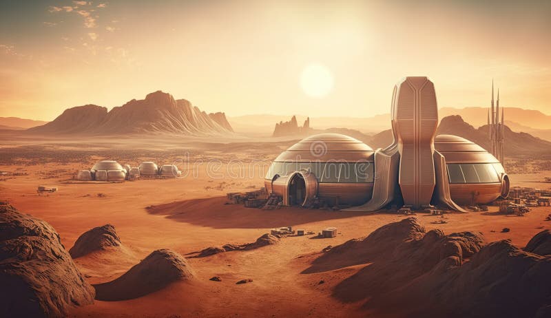 Future space colony built on the surface of the red planet. Scientific exploration of Mars. Dome-shaped bases. Generative AI royalty free illustration