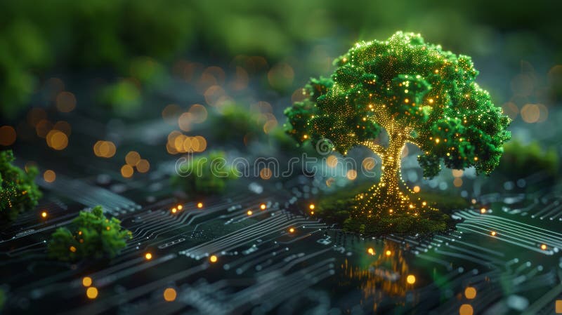 Future tech development concept with glowing neon trees on a circuit board background in a futuristic polygonal style royalty free illustration