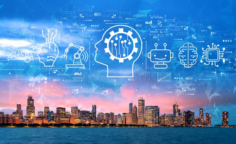 Future technology concept with downtown Chicago stock photo Future technology concept with downtown Chicago stock photo