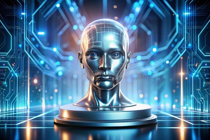 FutureForward Holographic AI Head A Glimpse into Advanced Robotics and Database Supercomputing stock illustration
