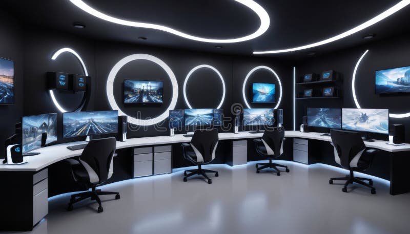 Futurismo sala giochi configurazione workstation high tech multiple monitor design moderno. illustrazione vettoriale