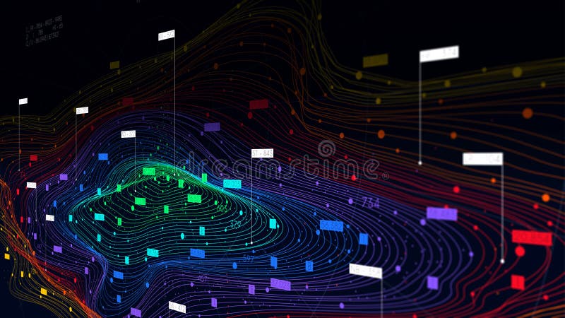 Futurista big data digital cloud visualización información clasificación y almacenamiento tecnología color estructura de redes neuronales monitor pantalla en perspectiva para el diseño