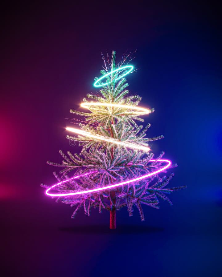 Futuristic creative cyberpunk concept of Christmas tree with neon hoops on urban dark background. New year party. Futuristic creative cyberpunk concept of Christmas tree with neon hoops on urban dark background. New year party.