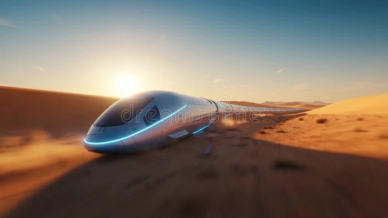 Futurista desierto del tren de alta velocidad al atardecer ilustración del vector