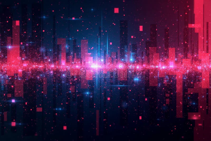 Futurista paisaje urbano digital con partículas brillantes luces de neón. fotografía de archivo libre de regalías