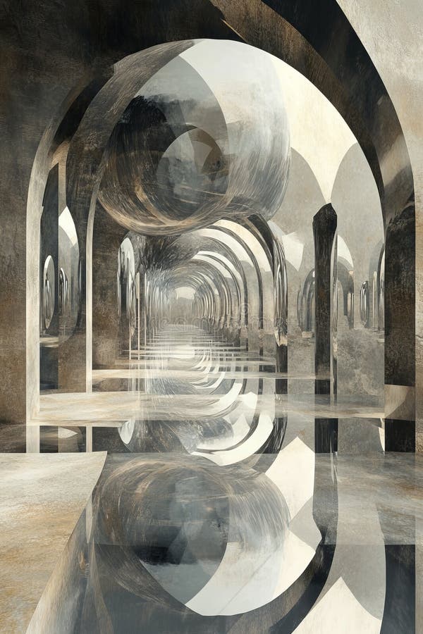 Futuristic Abstract Architecture with Reflective Arches and Spheres in a Surreal Infinite Hallway. Surreal image of a futuristic hallway with reflective arches and spheres, creating an abstract and infinite architectural design. Generative AI