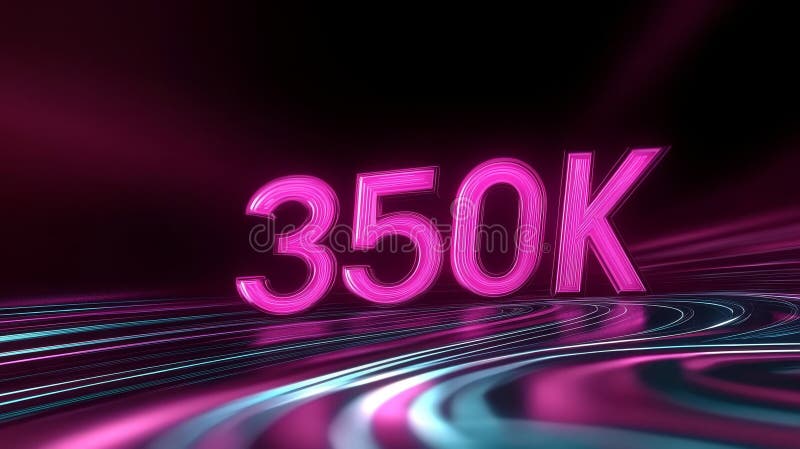 Futuristic Abstract Background. 3D Number 350K Rendered in Bright Pink Neon Light for Celebrations. stock illustration