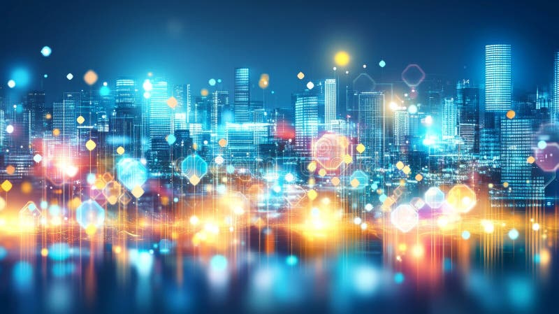 A futuristic abstract background featuring black, blue, and orange glowing hexagons in a 3D rendering with a blurred stock illustration