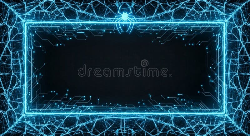 A futuristic abstract background featuring a glowing blue rectangular frame with a circuit board design. This technological border is ensnared in a complex digital spider web, with a stylized cyber spider at the top. The neon light effect on the dark backdrop creates a high-tech, modern feel. This image is perfect for concepts like cybersecurity, hacking, the world wide web, data networks, and artificial intelligence. The central black area provides ample copy space for text or other elements, making it a versatile design. World wide web computer illustrations