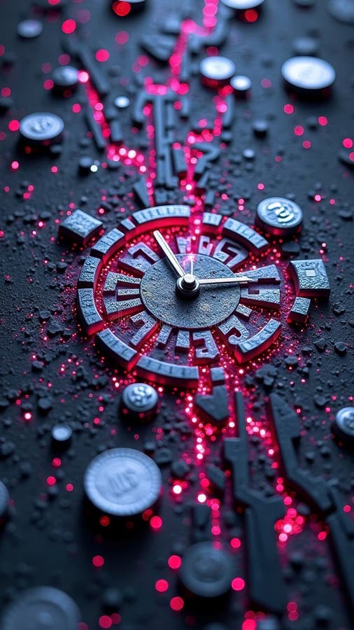 Futuristic abstract clock with neon red lighting and geometric design royalty free illustration