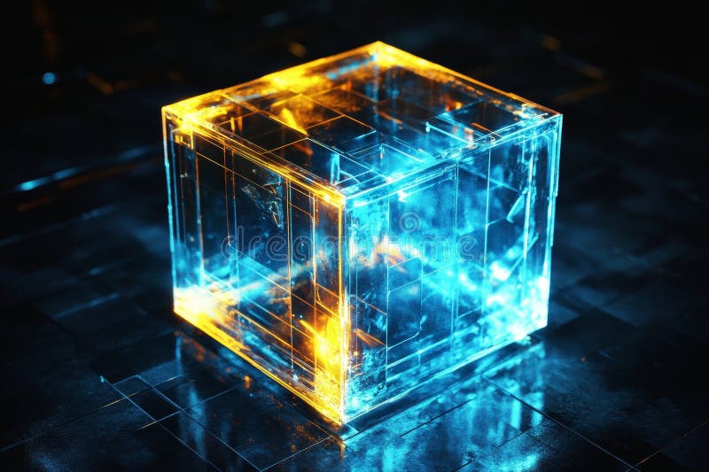 Futuristic abstract glowing cube design on black background for digital storage and cloud services vector illustration