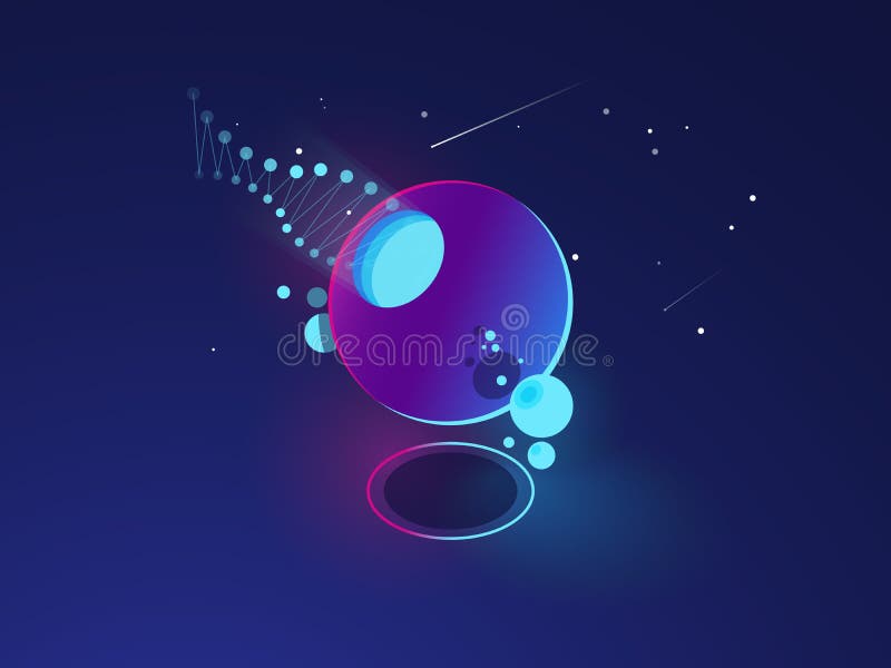 Futuristic abstract object, space system model, orbit, digital technology concept dark neon isometric stock illustration Futuristic abstract object, space system model, orbit, digital technology concept dark neon isometric stock illustration
