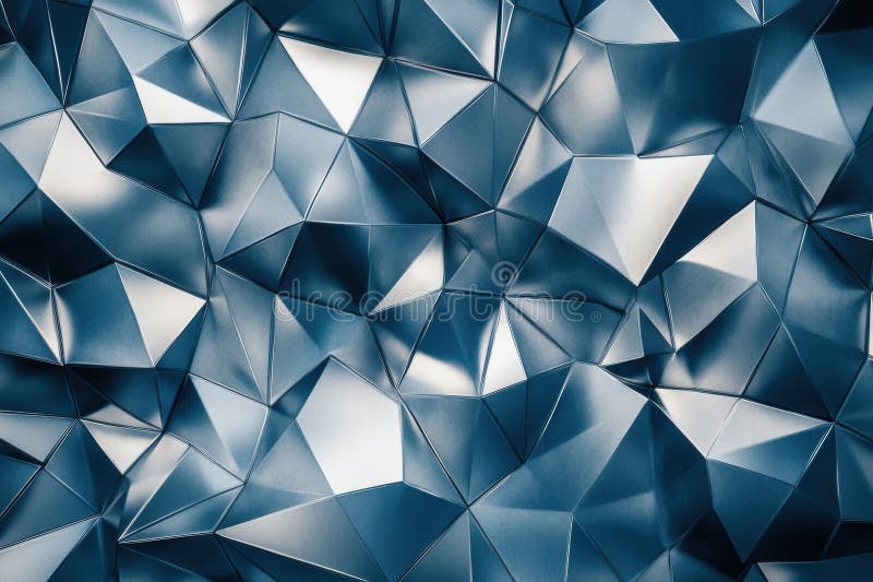 Futuristic abstract pattern showcasing polygonal shapes with metallic blue and gray tones and deep shadows in a high stock photo