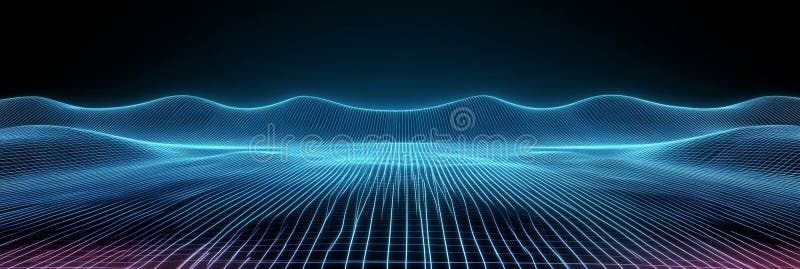 Futuristic Abstract Visualization of Neon Light Glowing Waves in a Tech-Infused Landscape Design royalty free illustration