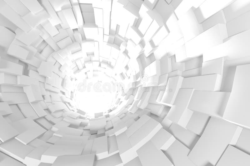 Futuristic abstract white tunnel with geometric shapes and depth for architectural design concept. 3d render vector illustration